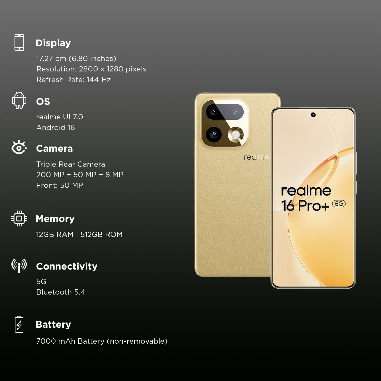 Buy realme 16 Pro Plus 5G (12GB RAM, 512GB, Master Gold) Online